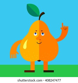 Pear making attention gesture with forefinger. Flat style vector illustration. Funny cartoon character for agriculture or food design