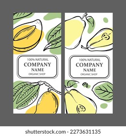 PEAR MANGO LABELS Vertical Stickers Design For Shop Of Tropical Organic Natural Fresh Juicy Fruits And Dessert Drinks In Sketch Style Vector Illustration Set