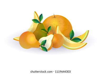 melón de pera sobre fondo blanco, estilo de vida saludable o concepto de dieta, logotipo para frutas frescas ilustración vectorial