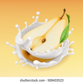 Pear and milk splash. Fruit and yogurt. Realistic illustration. 3d vector icon