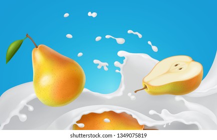 Pear and milk splash. Yellow pear fruit floating in cream yogurt
