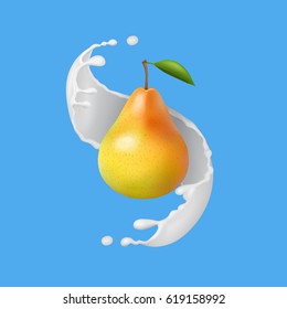 Pear with milk or yogurt splash. Fruit illustration. Realistic vector icon