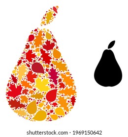 Birnensymbol für die Herbstsaison geschaffen. Vektor Birnen Mosaik besteht aus randomisierten Herbstapel- und Eichenblättern. Mosaike Herbstblätter in hellen Gold-, Braun- und Rottönen.