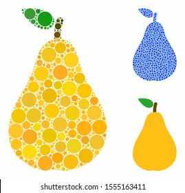 Pear mosaic of round dots in variable sizes and color tints, based on pear icon. Vector round elements are grouped into blue mosaic. Dotted pear icon in usual and blue versions.