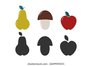 Pear Mushroom and Apple Fruits Colorful and Silhouette Sticker Icon Pictogram Minimalist Design Set