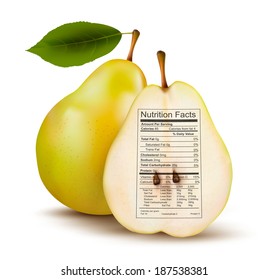 Pear with nutrition facts label. Concept of healthy food. Vector. 