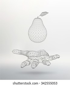 Pear on the arm. The hand holding a pear . Polygon triangle. Polygonal hand. The structural grid of polygons. Abstract concept vector background. Polygonal design style letterhead and brochure