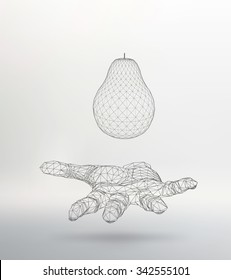 Pear on the arm. The hand holding a pear . Polygon triangle. Polygonal hand. The structural grid of polygons. Abstract concept vector background. Polygonal design style letterhead and brochure