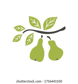 pear on brunch. Fruit whole and leaves. cartoon doodle Hand drawn vector illustration