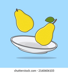 Pear On A Plate Cartoon Vector Illustration. Pear Fruit Flat Icon Outline