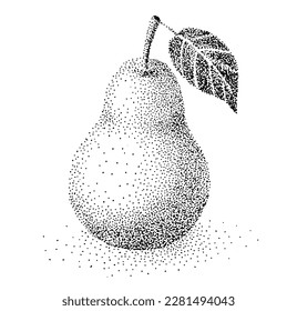 Pear on a white background. Black and white image. Sketch. Pointillism