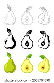 Pear on a white background. Vector illustration of summer fruits and berries. Autumn harvest. Pictograms, silhouettes, icons of pears, fruits. Pear is a fruit. Ripe pear in parts. Pear slices. Line