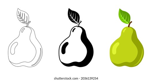 Pear on a white background. Vector illustration of summer fruits and berries. Autumn harvest. Pictograms, silhouettes, icons of pears, fruits. Pear is a fruit. Ripe pear in parts. Pear slices. Line