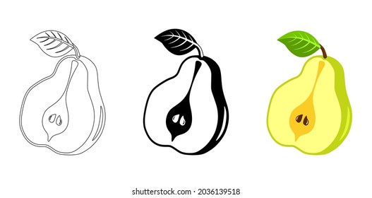Pear on a white background. Vector illustration of summer fruits and berries. Autumn harvest. Pictograms, silhouettes, icons of pears, fruits. Pear is a fruit. Ripe pear in parts. Pear slices. Line