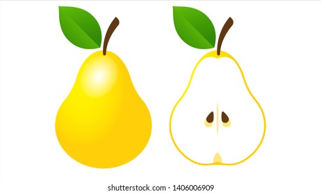 Pear. One and a half yellow pear fruit isolated on white background. Vector illustration