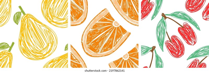 Pear, orange and cherry fruit. Seamless pattern set. Hand drawn vector sketch illustration. Pen or marker fruits