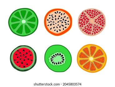 Pear peach grapefruit peach watermelon orange kiwi orange grapefruit lemon lime dragon fruit mango pomegranate on white background. Vector illustration. Collection of fruit icons silhouettes pictogram