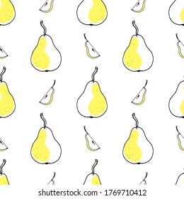 Pear and pears yellow slices seamless pattern. Hand drawn ripe pear fruit. Sketch background wallpaper