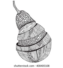 Pear, pear pieces on white background. Hand-drawn, doodle, vector, zentangle, tribal design element.  Black and white  background. Made by trace from sketch.