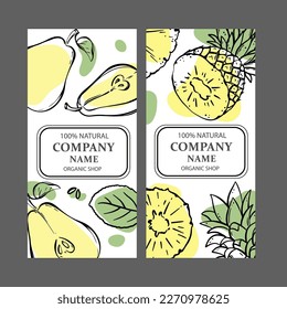 PEAR PINEAPPLE LABELS Vertical Stickers Design For Shop Of Tropical Organic Natural Fresh Juicy Fruits Dessert Drinks In Sketch Style Vector Illustration Set