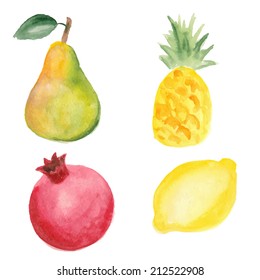 Pear, pineapple, pomegranate and lemon. Hand drawn in watercolor technique