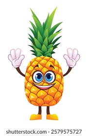 Pear pineapple raising hands, full of excitement. Vector cartoon illustration