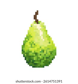 Pear pixelated vector illustration. Fruit in pixel art. Pear pixel icon. Isolated on white background. Fruits from cubes. Vintage game style. Vibrant shades.