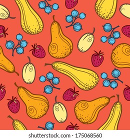 Pear, plum, gooseberry and strawberry seamless pattern. Scattered fruits and berries on light background. 