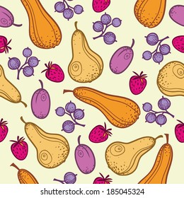 Pear, plum, gooseberry and strawberry seamless pattern. Scattered fruits and berries on light background. 