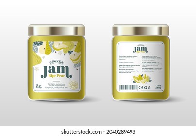 Pear plum jam. Label for jar and packaging. Whole and cut fruits, leaves and flowers, text, stamp(sugar free).