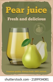 Pear poster. Retro placard for fruits juice ads vintage illustrations decent vector templates in 1950s style