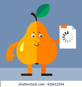 Pear with preloader icon. Flat style vector illustration. Funny cartoon character for agriculture or food design