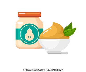 Pear Puree In Baby Food Jar With Label. White Ceramic Bowl With Jam. Kids Nutrition Icon. Vector Colorful Flat Illustration Isolated On Background