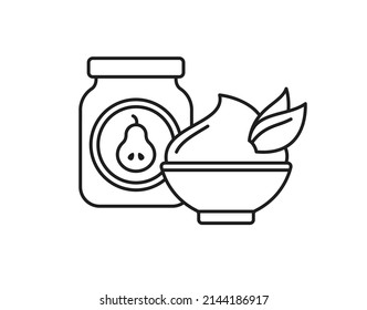 Pear puree in baby food jar and bowl with jam. Kids nutrition icon. Vector outline illustration isolated on white background