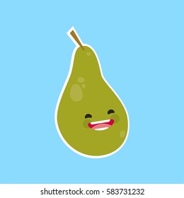 pear (Pyrus) with cute face. Illustration funny and healthy food cartoon. Blue background
