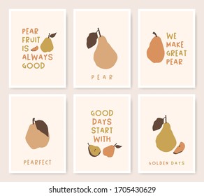 Pear quote cards set with hand-drawn fruit icons and whimsical text. Nature food composition in minimalistic style. Print poster plant illustrations.