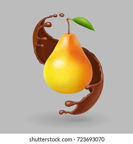 Pear realistic fruit in chokolate splash. Vector