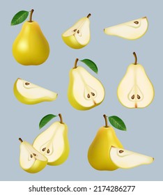 Pear realistic. Sliced helthy fruit diet dessert decent vector garden botanical pears collection