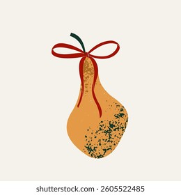 Pear with red bow. Retro textured vector illustration.
