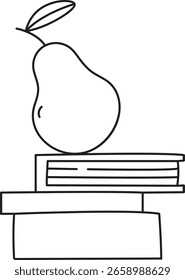 Eine Birne ruht auf einem Stapel Bücher in einer klaren Linienzeichnung. Das Bild zeigt eine Frucht auf mehreren Büchern mit einfachen Umrissen. Cartoon, Vektorgrafik.