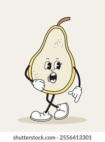 Pear retro character. Fictional character for cartoons. Toy and mascot walking. Emotions and feelings, expression. Template and layout. Flat vector illustration isolated on beige background