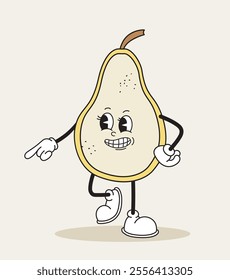 Pear retro character. Fictional character for cartoons. Toy and mascot. Juicy and ripe fruit. Poster or banner. Back to 1980s and 1990s. Flat vector illustration isolated on beige background