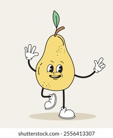 Pear retro character. Fictional character for cartoons. Toy and mascot dancing. Juicy and ripe fruit. Graphic element for website. Flat vector illustration isolated on beige background