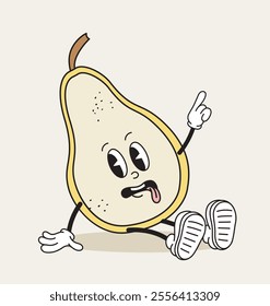 Pear retro character. Fictional character for cartoons. Toy and mascot for social networks. Juicy and ripe fruit. Back to 80s and 90s. Flat vector illustration isolated on beige background