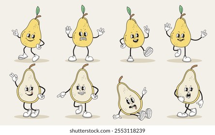 Conjunto de personajes retro Pear. Mascota y personaje ficticio para niños. Pack para crear animaciones. Elemento gráfico para Sitio web. Colección de Vector de dibujos animados aislados sobre fondo beige