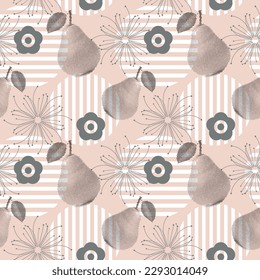 Pear seamless pattern. Floral  design in halftone style. Fruit, flower and geometric shape repeat on pink background. Vector illustration. 