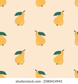 Pear seamless pattern. Pear fruit with leaf. Organic vitamins and healthy nutrition. Flat design, doodle style. Graphic texture. Fabric design. Vector