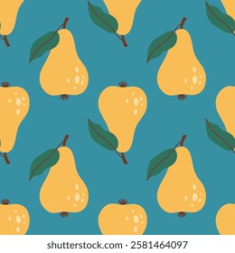 Pear seamless pattern. Pear fruit with leaf. Organic vitamins and healthy nutrition. Flat design, doodle style. Graphic texture. Fabric design. Vector