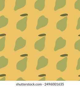 Pear seamless pattern. Green flat pear on a yellow background. Summer vector illustration for fabric, baby clothes, packaging, cover, background