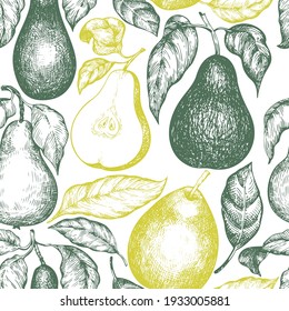 Pear seamless pattern. Hand drawn vector garden fruit illustration. Engraved style garden retro botanical background.